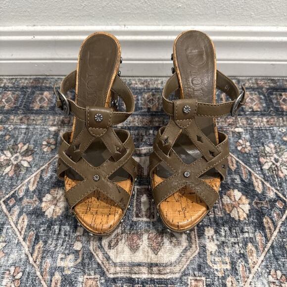 Christian Dior Olive Leather Gaucho Sandals Cork Accents 1947 Coin 37 Or 6.5 - Picture 1 of 12